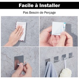 FOMANSH Heavy Duty Adhesive Hooks, Stick on Wall Adhesive Hangers, Strong Stainless Steel Holder, Self Adhesive Hooks for Kitchen Bathroom Home Door Towel Coat Key Robe 4 Packs Silver