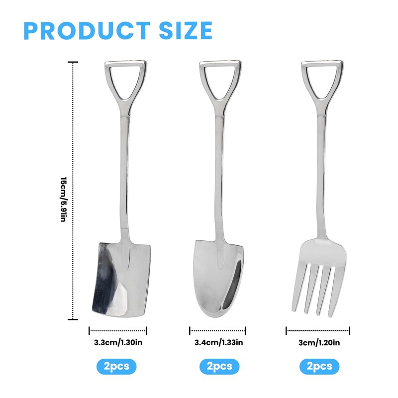 6 Pcs Silver Mini Shovel Spoons and Fork Set, 304