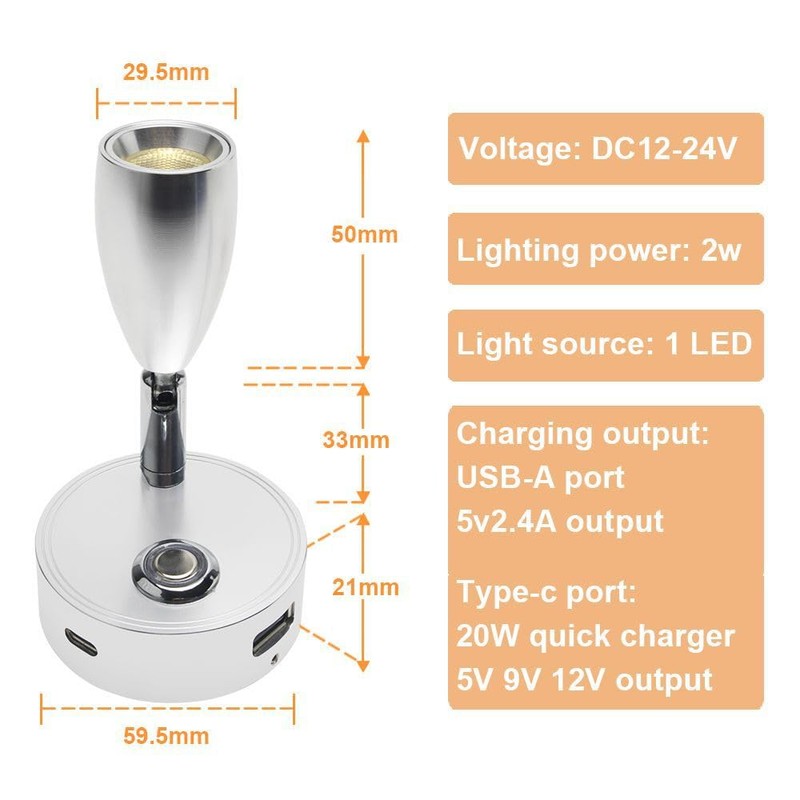 12V LED RV Reading Light with Dual Charging Ports Touch