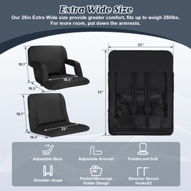 Gbekery 25" Extra Wide Stadium Seats with Back Support, 2 Pack Padded Reclining Bleacher Chairs with Back and Cushion,6 Reclining Positions,2 Steel Bleacher Hooks,Side Pockets & Cup Holders(Black)