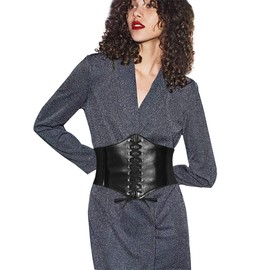 YooAi Leather Corset Belt for Women Lacing Elastic Waist Belt Retro Wide RCA Belt Waistband for Women Dresses, black