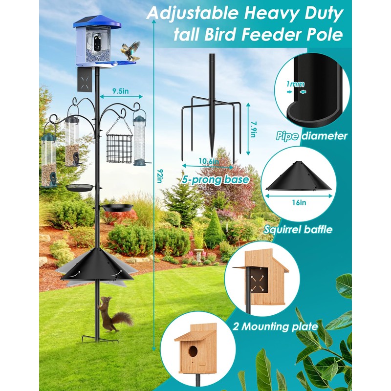 Bird Feeder Pole Squirrel Proof, 92 Inch Heavy Duty Bird