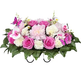 MUVIC Silk Cemetery Flowers，Headstone Flower Saddle for Grave,Long-Lasting Bright Color, Graveyard Decoration-Rose Hibiscus Daisy Carnation
