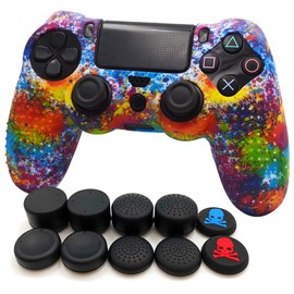 FOTTCZ Anti-Slip Silicone With Dots on Hand Grip Skin Set, Protect for PlaySation 4 Controller (Alias Wireless DualShock 4), which 1pcs Controller Skin + 8pcs Thumb Grip Caps - Rainbow Watercolor