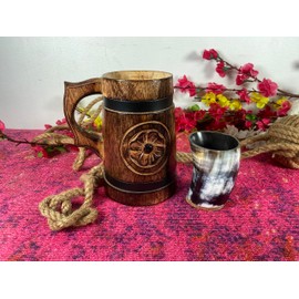 collectiblesBuy Set of Medieval Ceremonial Shot Glass And Antique Brown Wooden Tankard Stein Classic Style Beer Mug Kitchen Tableware Decor handmade