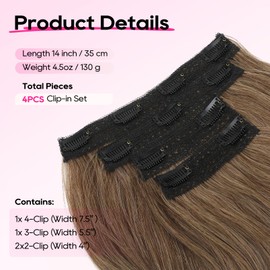 REECHO Hair Extensions - 4PCS 14" Short Clip in Hair Extensions Layered Cut Invisible Lace Weft Natural Soft Synthetic Hairpieces for Women - Light Brown