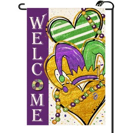 Welcome Mardi Gras Garden Flag 12x18 Inch Vertical Double Sided Joker Hat‌ Heart New Orleans Carnival Celebration Small Flags Outside Decoration For Yard (ONLY FLAG) KH10