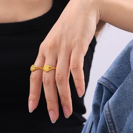 LIU JUN Gold Signet Rings For Women Men, 18k Gold Plated Chunky Summer Solstice Originality Ring Engrave Leaf Sun Goddess Stainless Steel Personality Gift Jewelry (Summer Solstice Gold 7)