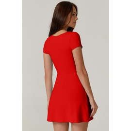 QINSEN Womens Square Neck Tennis Dress Short Sleeve Built in Shorts Golf Athletic Dress with Pockets Red S