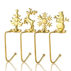 Christmas Stocking Holders 4 Pcs Christmas Hooks Hangers Christmas Stocking Hangers for Mantel Fireplace Stocking Grips Santa Snowman Elk Christmas Tree