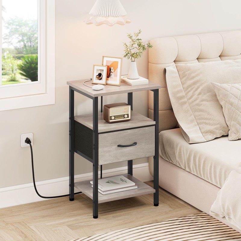 Vagusicc Nightstand with Charging Station, Side Table with Adjustable Drawer,