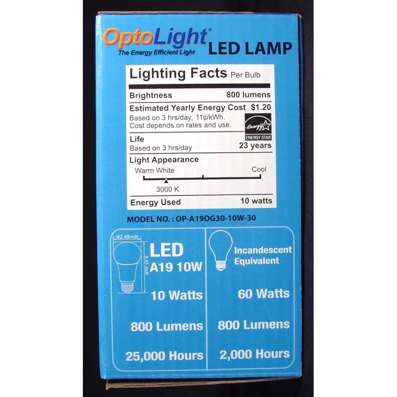 OptoLight LED Dimmable Light Bulb 800 Lumens 10 Watt=60 Watt