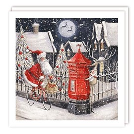 Tracks Publishing Charity Christmas Cards - Santa and Rudolph Cycling to Postbox on Snowy Night - Eco-Friendly - Pack of 5 Cards