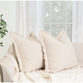 ZWJD Throw Pillow Covers 20x20 Set of 2 Striped Pillow Covers with Fringe Chic Cotton Decorative Pillows Square Cushion Covers for Sofa Couch Bed Living Room Farmhouse Decor