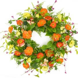Furuisin Artificial Spring Summer Wreath for Front Door Poppy Wreath with Green Leaves for Front Door Indoor Outdoor Home Farmhouse Decor