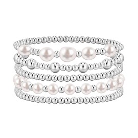 Gold Beaded Bracelets for Women 18K Gold Plated Stretch Bead Ball Bracelet Gold Hypoallergenic Stackable Bracelet Set for Women Trendy Gift (5pcs silver pearls)
