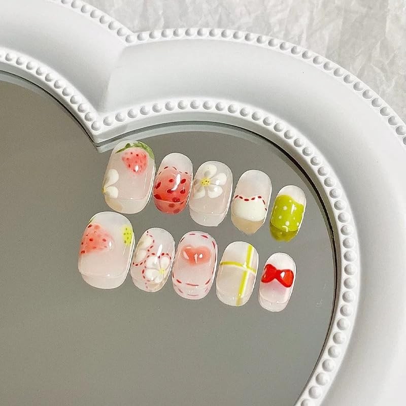 Handmade Nail Tip, Strawberry, 3D Nail Art, False Nail Design,
