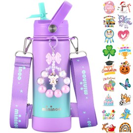 Mininoo Insulated Stainless Steel Kids Water Bottle for School with Straw Lid & Strap, 50 Stickers, 18 oz(Purple/Sky)