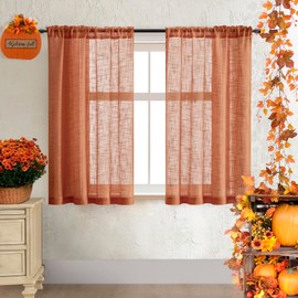 SHINELAND Boho Curtains for Kitchen Window,Burnt Orange Rustic Linen Jute Look Sheer Short Curtains for Windows Bedroom Bathroom,48 Inch Length,2 Panels Set