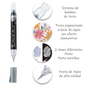 Pentel Arts Pincel de Tinta Metálica Dual con Brush Pen, Punta de Nylon, 2 Tonos en 1, Plata, XGFHBP-DZ