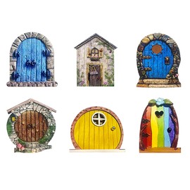 Viwuhent 6pcs Miniature Fairy Tree Door Wooden Fairy Garden Decoration, Elves Door Miniature Fairy Decorations Yard Art Sculpture Garden Ornaments