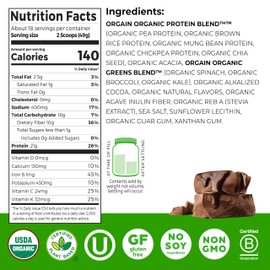 Orgain Organic Vegan Protein Powder + Greens, Creamy Chocolate Fudge - 21g Plant Based Protein, Gluten Free, Dairy & Lactose Free, Soy Free, No Sugar Added, Iron & Prebiotics for Gut Health - 1.94lb