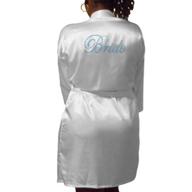 Womens Short Kimono Solid Satin Lounge Robe (3XL/4XL, White w Blue Bride Rhinestones)