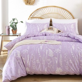 JANZAA Purple Duvet Cover Queen Size Floral Duvet Cover Botanical Boho Bedding Microfiber Soft Queen Bed Cover with Zipper Closure 4 Ties (2 Pillow Cases)