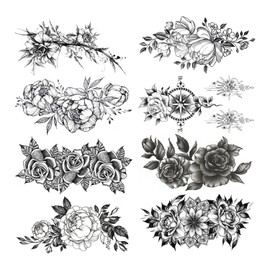 Rumyve8 Black and White Flower Temporary Tattoos,3D Realistic Rose Peony Flower Fake Tattoos,Real and Duration Long Tattoos of Temporary Adults