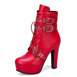 Bellirala Women's Studded Buckled Combat Boots Chunky Platform Ankle Booties Goth Punk Lace Up Knight Biker Boots Zipper High Heels Red Size 10