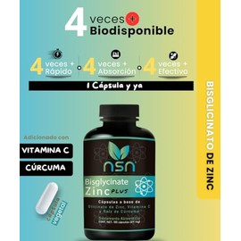 NSN | Bisglicinato de Zinc Quelado | 4x veces Mayor absorción | Formulado por la Dra. Friné Velázquez | con Cúrcuma y vitamina C | 100 Cápsulas