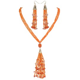 BERYOHZ Boho Strand Seed Bead Necklace Earrings Stone Tassel Jewelry Set for Women(BN-0076-Orange)