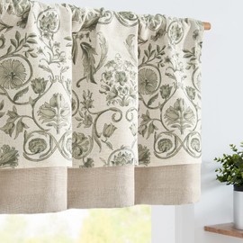 JINCHAN Linen Valance Kitchen Curtain for Windows Double Layer 18 Inch for Living Room Bedroom Bathroom Window Treatment Blackout Vintage Rustic Farmhouse Cottagecore Rod Pocket 1 Panel Green on Beige