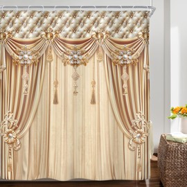 Riyidecor Gold Golden Champagne Shower Curtain Luxury Bridal Shower Elegant Modern European Style Simple Vintage 72Wx72H Inch Women Girl Fabric Decor Bathroom Polyester Waterproof 12 Pack Hooks