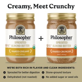 Philosopher Foods - Naked Creamy + Crunchy Organic Sprouted Almond Butter - 16 oz (Pack of 2) - Stone Ground Regenerative Organic Creamy Almond Nut Butter No Sugar Added