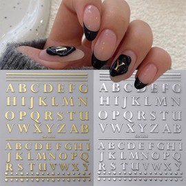 Tyuimhx 6 Sheets Letter Nail Art Stickers Decals A-Z Alphabet Nail Sticker 3D Self-Adhesive Gold and Silver Designs English Letter Nail Decals Supplies for Women Girls DIY Manicure Decorations
