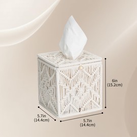 Macrame Tissue Box Cover, Decorative Woven Cotton Rope Design, Square, Cream