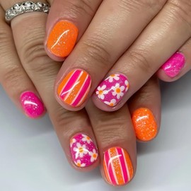 MISUD Press on Nails - Short Square Fake Nails with Pink Orange Flower, Acrylic Bling Glitter Design 24 pcs