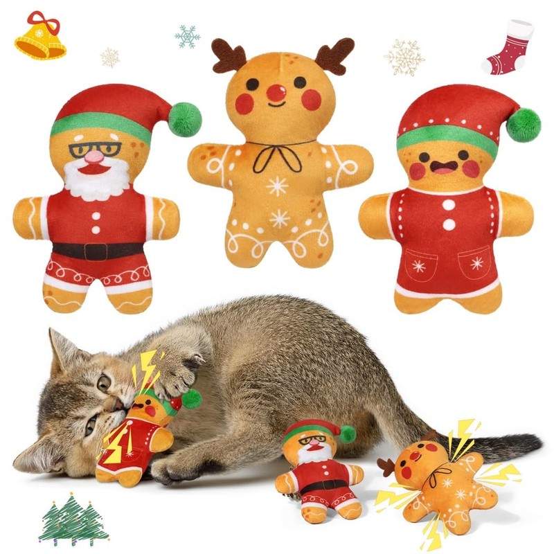 3-Piece Gingerbread Catnip Toy Set, Cat Teething Plush Gifts, Kitten