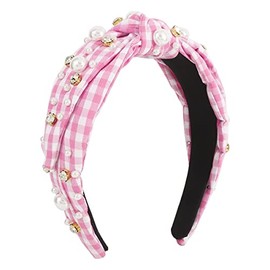 Women Lady Knotted Red Plaid Vintage Hair Band Pearl Rhinestone Decorative Headband Hair Ornament
