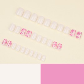 Square Press on Nails Short Fake Nails Spring Summer False Nails with Pink Flowers Daisy Design Acrylic Nails Glossy White Artificial Nails Cute Reusable Stick on Nails Women's Nail Art 24Pcs