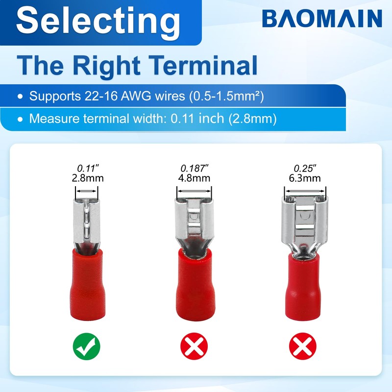 Baomain 0.11" Female Quick Disconnect Spade Terminals,Insulated Crimp Connectors 22-16