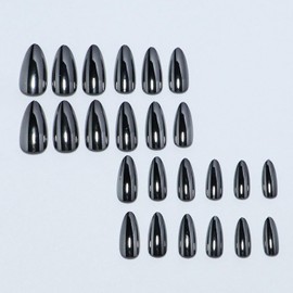 Nude Black Chrome Press on Nails Medium Almond, GRITOSE Mirror Metal Fake Nails Stiletto Nails Press ons, Glossy Acrylic Glue on Nails Summer Natural & Fit False Nails for Daily Wear in 24 Pcs