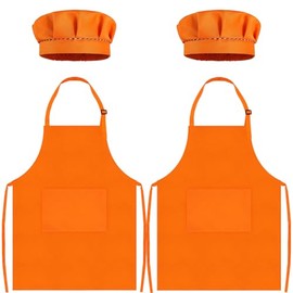 TOPWAYS Kids Apron and Chef Hat, Kids Aprons for Cooking, 2 Pack, Adjustable, Kids Chef Outfit, Toddler Kitchen Cooking Apron, Kids Artist Apron, Bibs for Kids from 3 4 5 6 7 8 9, 2 x orange