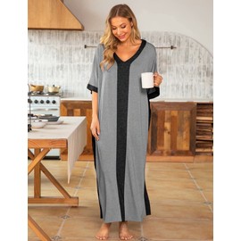 Women's Nightgowns & Sleepshirts Cotton Robe Maxi Caftan Loungewear Half Sleeve Housecoat Long Night Gowns Comfy Sleepwear Grey