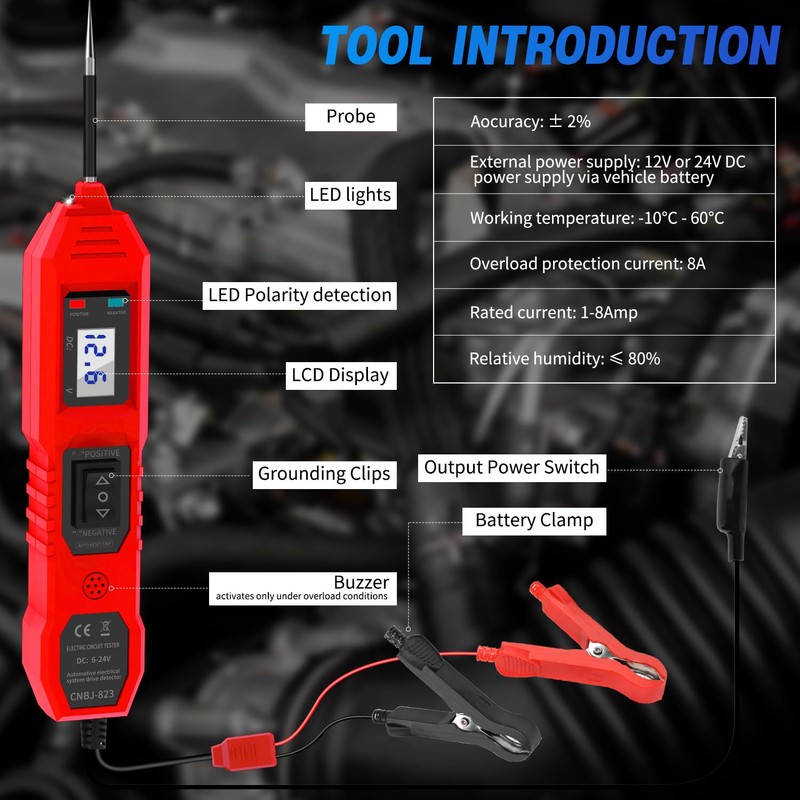 Power Circuit Probe Tester, 6V/12V/24V DC Circuit Tester Automotive, Multifunctional