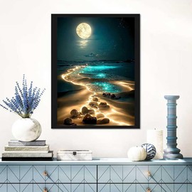 GemZono Moonlight Beach Diamond Painting Kits for Adults, 5D Seaside Moon Diamond Art Kits for Beginners, DIY Full Drill Paint with Diamond, Home Wall Decor 12 x 16inch