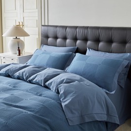 YuHeGuoJi Blue Waffle Weave Duvet Cover King 100% Cotton Textured Jacquard Duvet Cover Washed Cotton 3 Pcs Set 1 Decorative Blue Hemmed Duvet Cover with Zipper Ties 2 Pillow Shams Blue Bedding