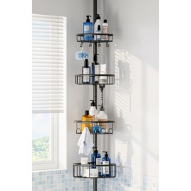 Corner Shower Caddy Tension Pole: Stainless Steel Rustproof 4-Tier Shower Organizer - 47-121 inch Adjustable Bathroom Shelves for Bathtub Shampoo Storage - Tension Rod Floor Standing Bath Rack - Black