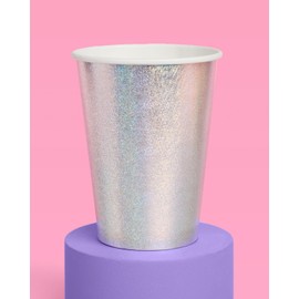 xo, Fetti Silver Iridescent Shimmer Paper Cups | 50 pcs 12 oz | Holographic Bachelorette Party Drinkware, Birthday Tablescape Supplies, NYE Disco Rave Decor